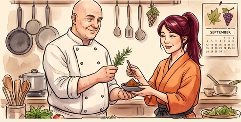 Stefano a Tomomi v kuchyni restaurace Toscana