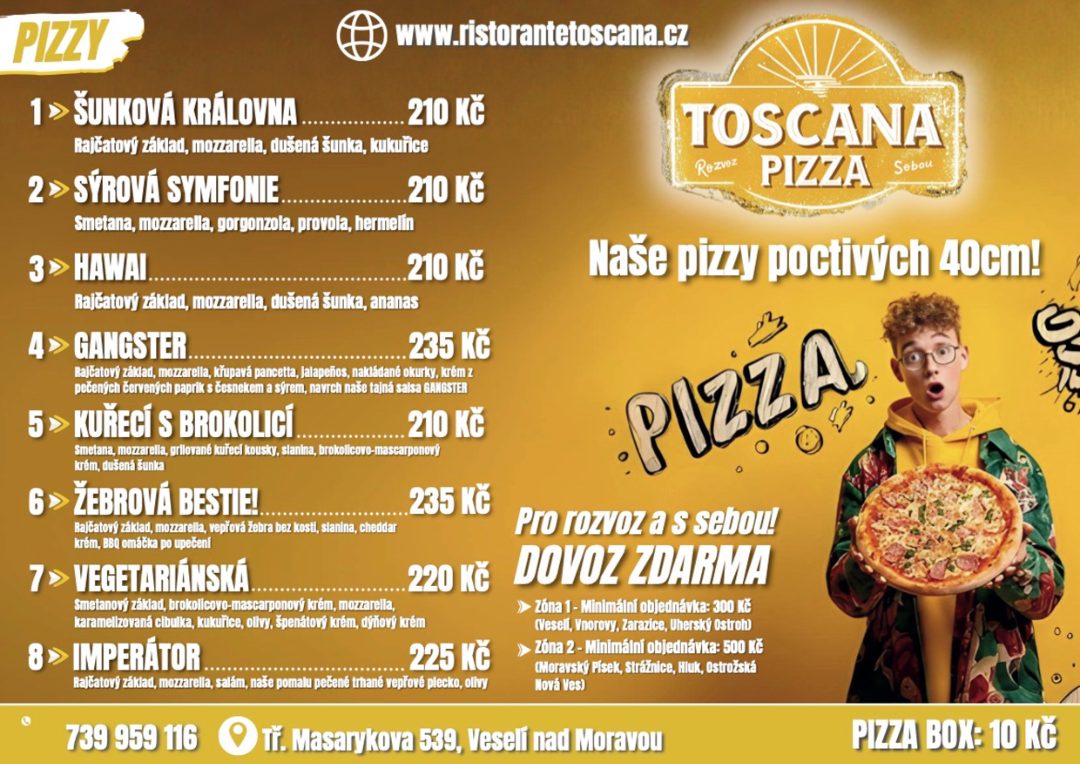 Toscana Pizza — jídelní lístek pizz, rozvoz Veselí nad Moravou